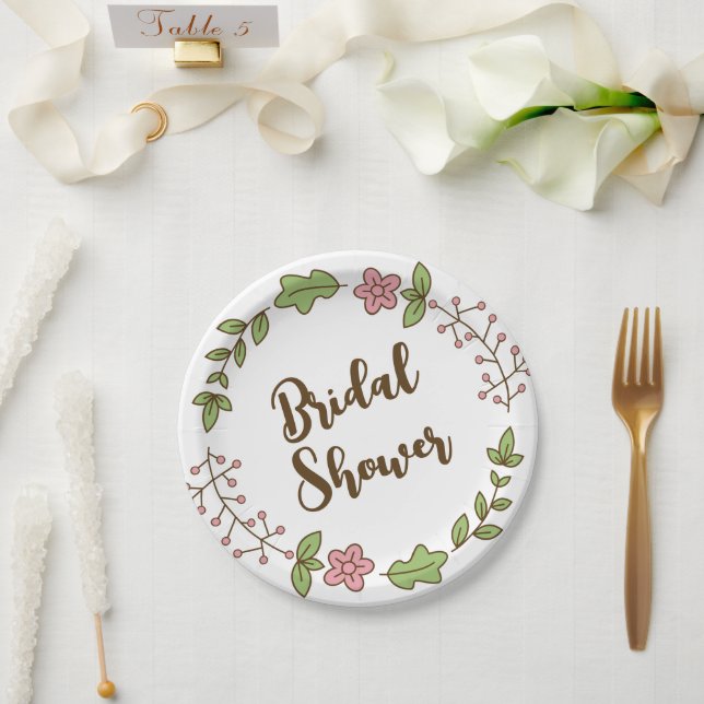 Grüne Blätter Rosa Blume Brautparty Pappteller (Hochzeit)