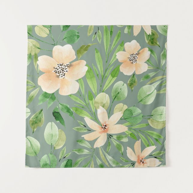 Grüne Blätter, rosa Blume: Wasserfarbe. Wandteppich (Vorderseite)