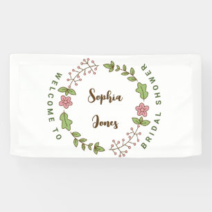 Grüne Blätter Rosa Blumen Brautparty Willkommen Banner