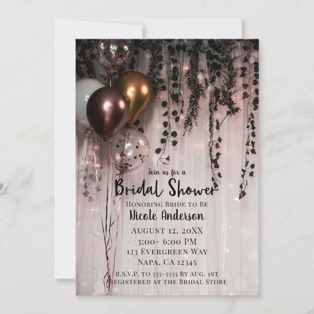 Grüne Blätter Rose Gold Lights Rustikale Bridal Einladung (Vorderseite)