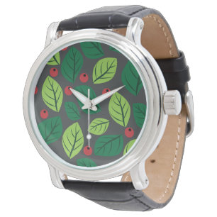 Grüne Blätter, rote Berries, Muster von Blätter Armbanduhr