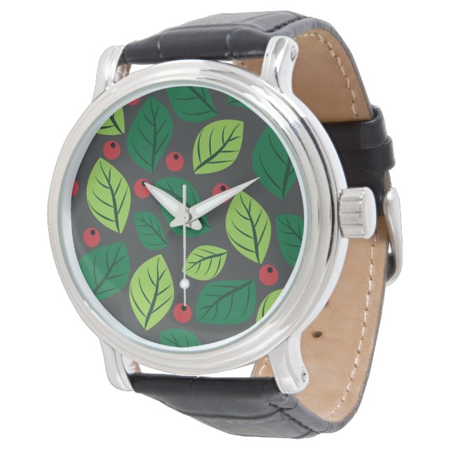 Grüne Blätter, rote Berries, Muster von Blätter Armbanduhr (Schrägansicht)
