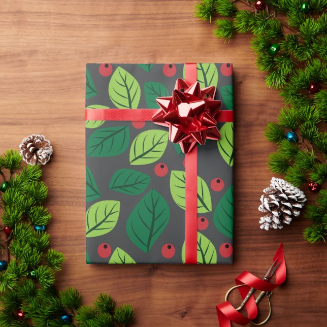 Grüne Blätter, rote Berries, Muster von Blätter Geschenkpapier (Feiertagsgeschenk)