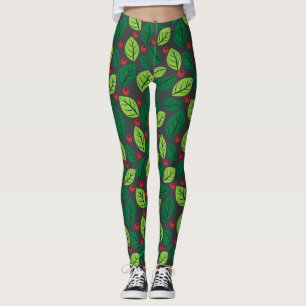 Grüne Blätter, rote Berries, Muster von Blätter Leggings