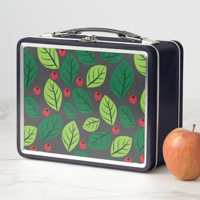 Grüne Blätter, rote Berries, Muster von Blätter Metall Brotdose (Beispiel)