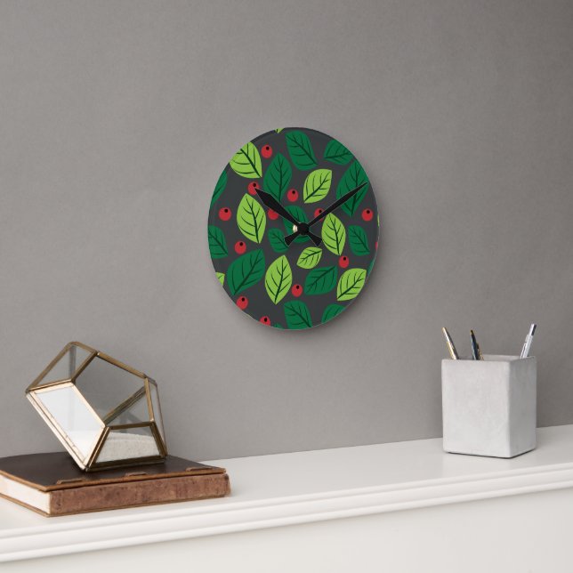 Grüne Blätter, rote Berries, Muster von Blätter Runde Wanduhr (Büro)