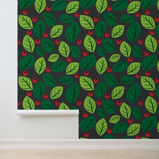 Grüne Blätter, rote Berries, Muster von Blätter Tapete (Anwendung)