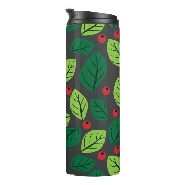 Grüne Blätter, rote Berries, Muster von Blätter Thermosbecher (Nach rechts gedreht)