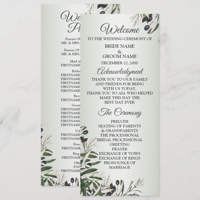 Grüne Blätter Schwarze Olive Elegante Hochzeit  Programm (Vorne/Hinten)