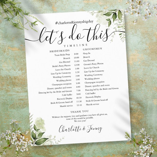 Grüne Blätter SkriptWedding Zeitplan Zeitleiste (Greenery Leaves Script Wedding Schedule Timeline)