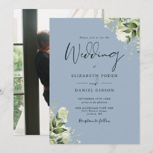 Grüne Blätter Staubig Blau Elegante Foto-Hochzeit Einladung