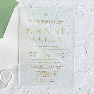 Grüne Blätter Typografie Anand Karaj Sikh-Hochzeit Acryleinladungen