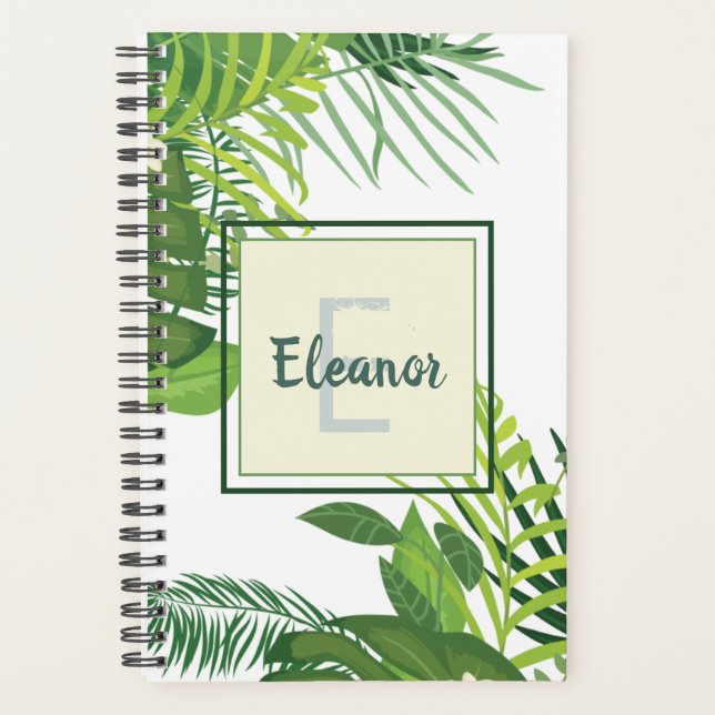 Grüne Blätter und Blume tropische Monogramm Planer (Vorderseite)