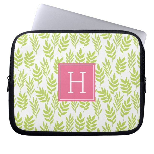Grüne Blätter und rosa Monogramm Laptopschutzhülle (Vorderseite)