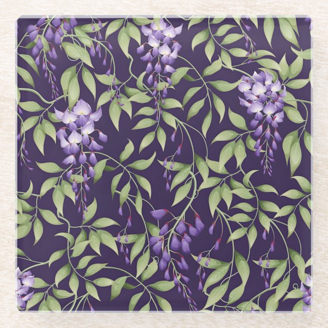 Grüne Blätter und Wisteria-Blumenmuster Glasuntersetzer (Vorderseite)