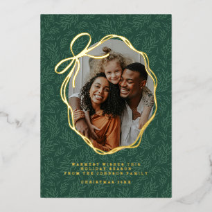 Grüne Blätter Vintage Goldene Schleife Weihnachtsf Folien Feiertagskarte
