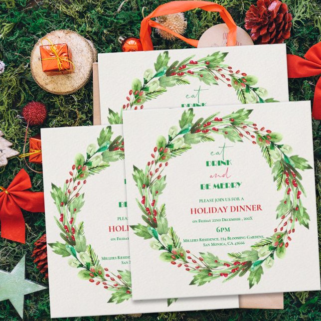 Grüne Blätter Weihnachts-Party Einladung (Green Leaves Wreath Christmas Party Invitation)