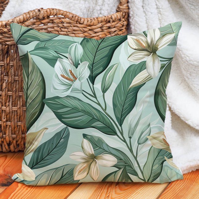 Grüne Blätter Weiße Lilys Botanische Blumengrün Kissen (Green Leaves White Lilys Botanical Floral Greenery Throw Pillow)