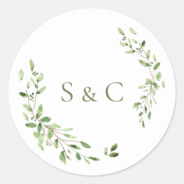 Grüne Blätter Wreath Monogram Wedding Runder Aufkleber