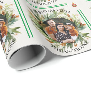 Grüne Blattfamilien-Foto Frohe Weihnachten Geschenkpapier