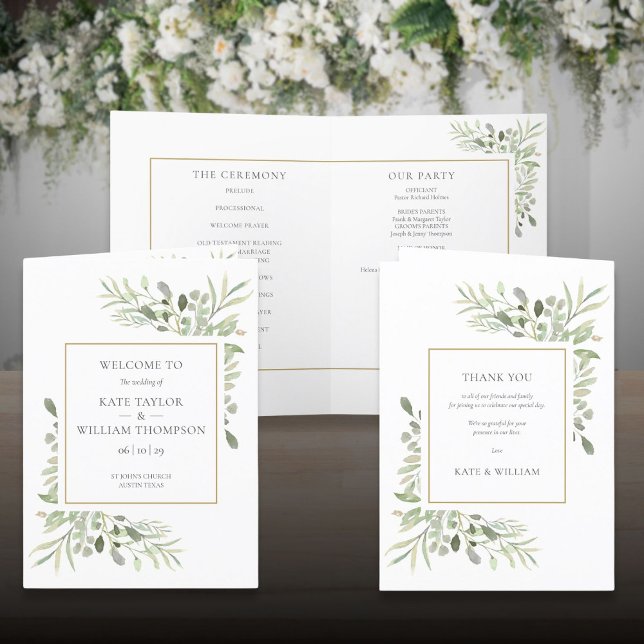 Grüne Blattgold-Geometrie-Hochzeit Programm (Greenery Foliage Gold Geometric Wedding Program)