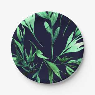 Grüne Blaue Aquarell Botanische Glamour Hochzeitsf Pappteller