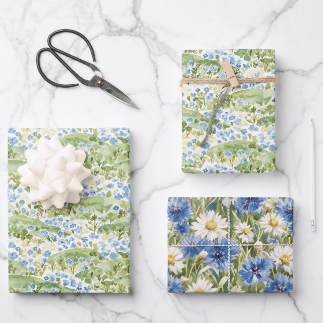 Grüne Blaue Blumen Geburtstag Geschenkpapier Set (Vorderseite)