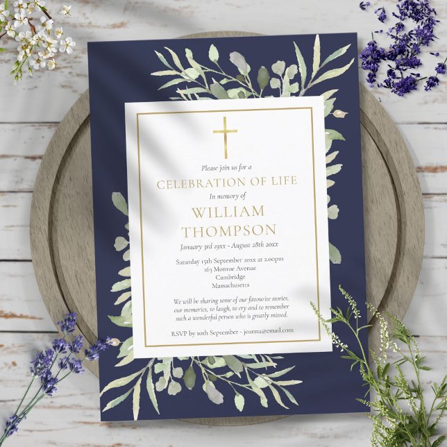 Grüne Blaue Feier zur Beerdigung des Lebens Einladung (Greenery Blue Celebration of Life Funeral Invitation)