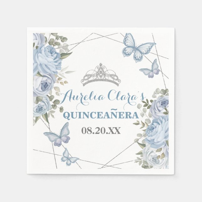 Grüne blaue Flora Schmetterlinge 16. Quinceañera Serviette (Vorderseite)