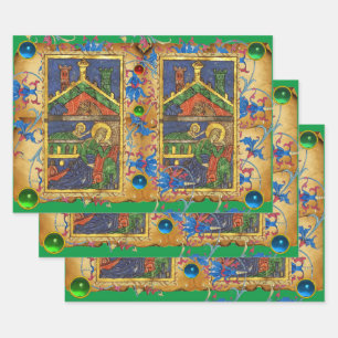 GRÜNE BLAUE FLORAL NATIVITY CHRISTMAS PARCHMENT GESCHENKPAPIER SET