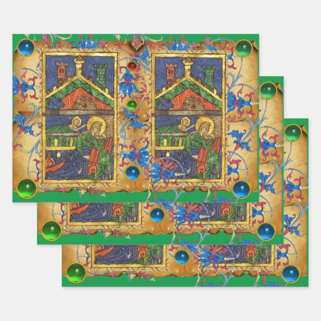 GRÜNE BLAUE FLORAL NATIVITY CHRISTMAS PARCHMENT GESCHENKPAPIER SET (Set)