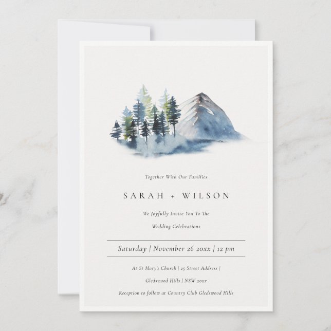 Grüne Blaue Pine Woods Mountains Wedding Einladung (Vorderseite)