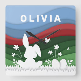 Grüne, blaue Wellen Osterhasen und Eier Quadratische Wanduhr