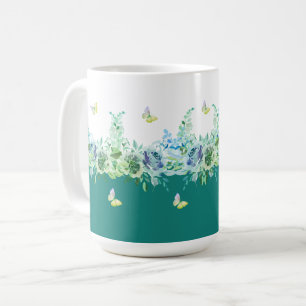 Grüne Blaugrüne Schmetterlinge Blumen-Tasse Kaffeetasse