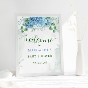 Grüne Blue Hydrangea Babydusche Begrüßungszeichen Poster