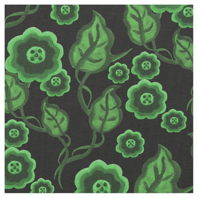 Grüne Blume/grüne Blätter/Folkloreblume 2 Schwarz Stoff (Nahaufnahme)
