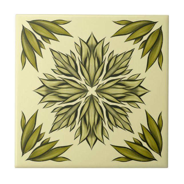 Grüne Blume Muster Retro Modernes Botanisches Fliese (Vorderseite)