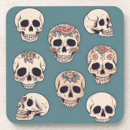 Grüne Blume Skulls animiert farbiges Halloween Getränkeuntersetzer