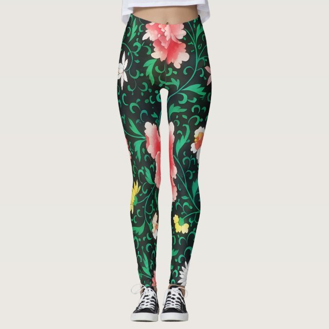 Grüne Blume Vintage Stilkunst Leggings (Vorderseite)
