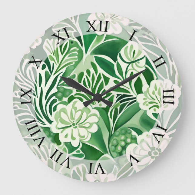 Grüne Blume, Vintages Design Große Wanduhr (Vorderseite)