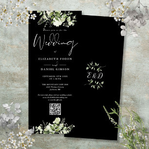 Grüne Blumen Hochzeit in Schwarz-Weiß mit QR-Code Einladung