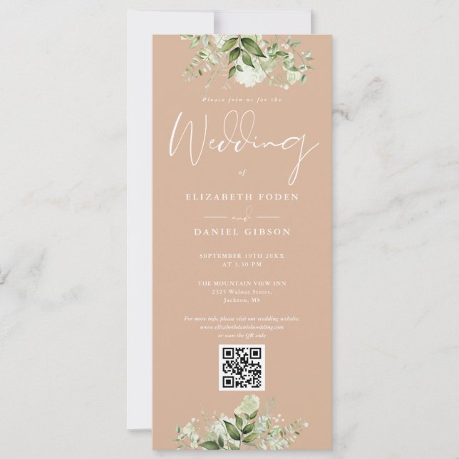 Grüne Blumen Hochzeit mit QR Code Tan Einladung (Vorderseite)