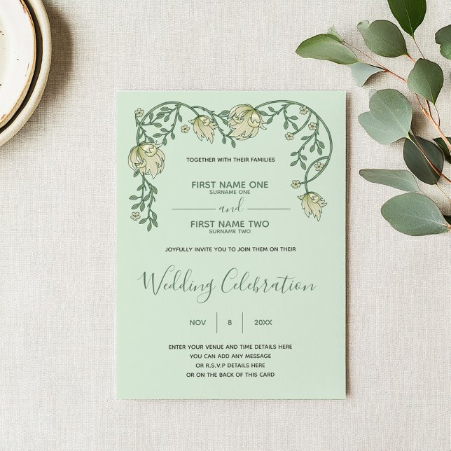 Grüne Blumen Jugendstil-Hochzeit Einladung (Art nouveau wedding invitation with green script and vintage style floral top frame)