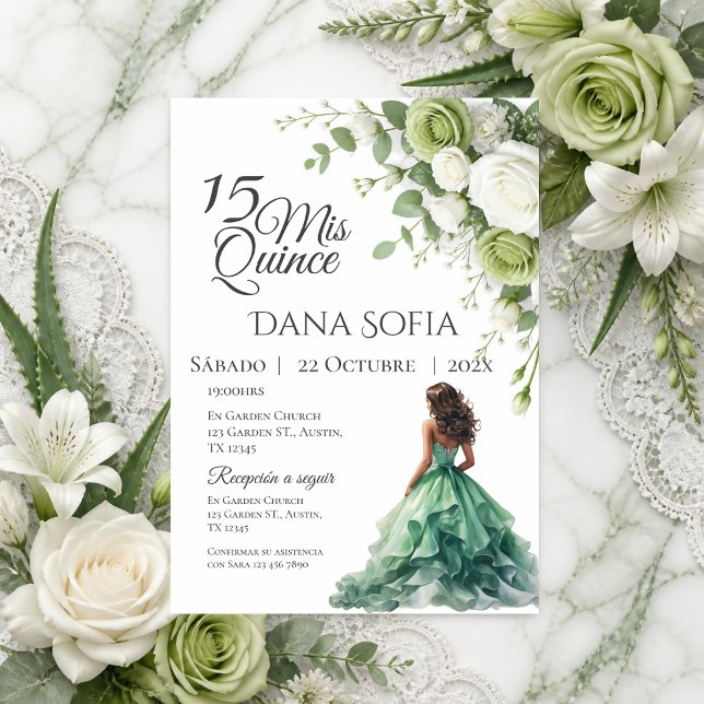 Grüne Blumen Quincenera auf Spanisch Einladung (Von Creator hochgeladen)