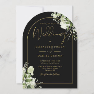 Grüne Blumen Schwarz Gold Bogen Monogramm Hochzeit Einladung
