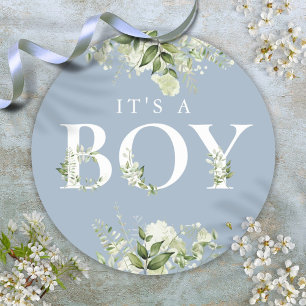 Grüne Blumen Staubtrostblau Es ist ein Junge Baby- Runder Aufkleber