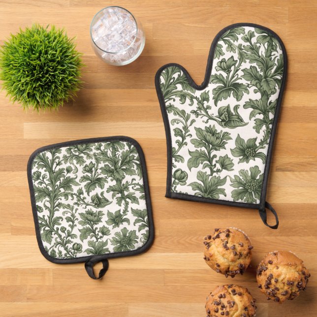 grüne Blumen und Blätter Ofenhandschuh & Topflappen-Set (Oben Unten)