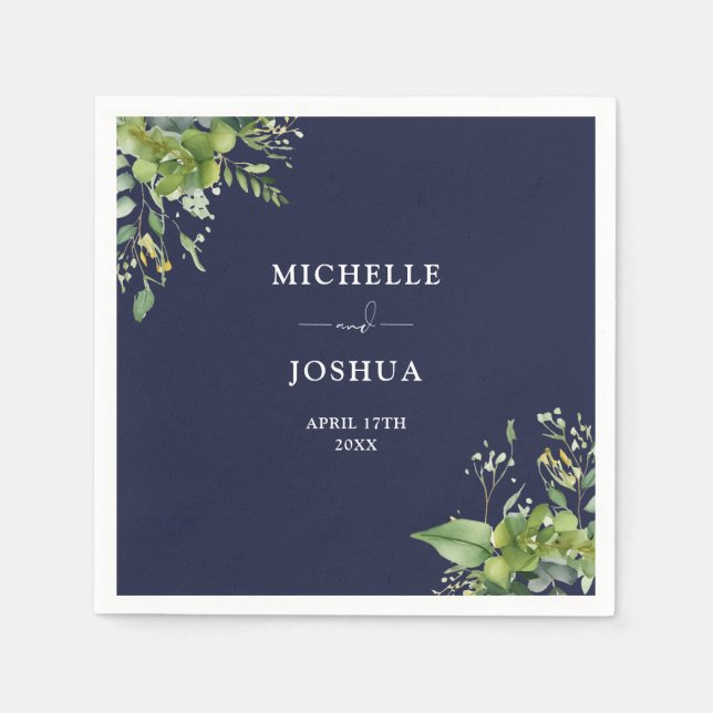 Grüne Blumenblume Moderne Navy Blue Wedding Serviette (Vorderseite)