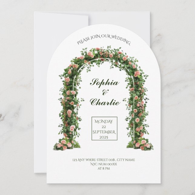 grüne Blumenbogen-Romanische Hochzeitseinladung Einladung (Vorderseite)