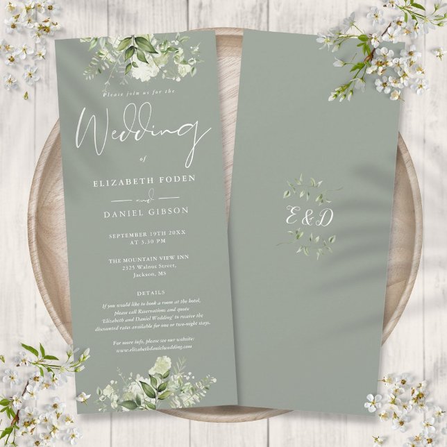 Grüne Blumendetails Elegante Große Hochzeit Einladung (Greenery Floral Details Elegant Sage Green Wedding Invitation)